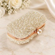 Load image into Gallery viewer, Handmade Ivory or White Pearl Clutch Bag – Bridal Wedding Purse with Pearl Clasp &amp; Chain

