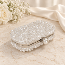 Load image into Gallery viewer, Handmade Ivory or White Pearl Clutch Bag – Bridal Wedding Purse with Pearl Clasp &amp; Chain
