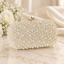 Load image into Gallery viewer, Handmade Ivory or White Pearl Clutch Bag – Bridal Wedding Purse with Pearl Clasp &amp; Chain

