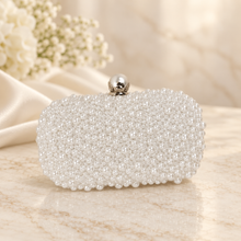 Load image into Gallery viewer, Handmade Ivory or White Pearl Clutch Bag – Bridal Wedding Purse with Pearl Clasp &amp; Chain
