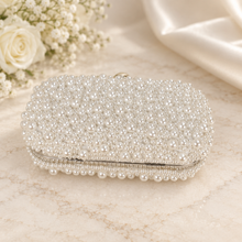 Load image into Gallery viewer, Handmade Ivory or White Pearl Clutch Bag – Bridal Wedding Purse with Pearl Clasp &amp; Chain
