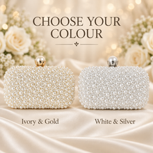 Load image into Gallery viewer, Handmade Ivory or White Pearl Clutch Bag – Bridal Wedding Purse with Pearl Clasp &amp; Chain
