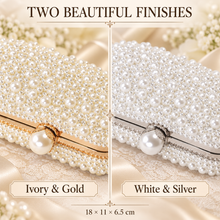 Load image into Gallery viewer, Handmade Ivory or White Pearl Clutch Bag – Bridal Wedding Purse with Pearl Clasp &amp; Chain
