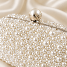 Load image into Gallery viewer, Handmade Ivory or White Pearl Clutch Bag – Bridal Wedding Purse with Pearl Clasp &amp; Chain
