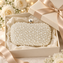 Load image into Gallery viewer, Handmade Ivory or White Pearl Clutch Bag – Bridal Wedding Purse with Pearl Clasp &amp; Chain

