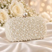 Load image into Gallery viewer, Handmade Ivory or White Pearl Clutch Bag – Bridal Wedding Purse with Pearl Clasp &amp; Chain
