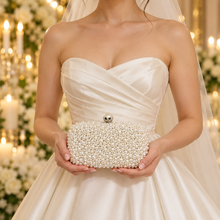 Load image into Gallery viewer, Handmade Ivory or White Pearl Clutch Bag – Bridal Wedding Purse with Pearl Clasp &amp; Chain
