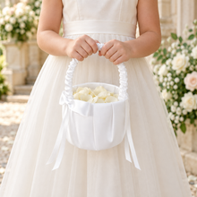 Load image into Gallery viewer, Personalised Satin Flower Girl Basket – White Wedding Petal Basket with Choice of Ribbon Colour
