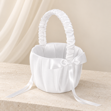 Load image into Gallery viewer, Personalised Satin Flower Girl Basket – White Wedding Petal Basket with Choice of Ribbon Colour

