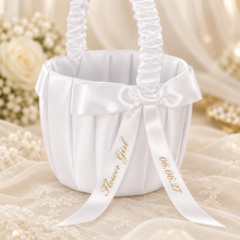 Load image into Gallery viewer, Personalised Satin Flower Girl Basket – White Wedding Petal Basket with Choice of Ribbon Colour
