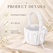 Load image into Gallery viewer, Personalised Satin Flower Girl Basket – White Wedding Petal Basket with Choice of Ribbon Colour

