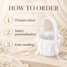 Load image into Gallery viewer, Personalised Satin Flower Girl Basket – White Wedding Petal Basket with Choice of Ribbon Colour
