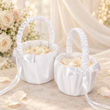 Load image into Gallery viewer, Personalised Satin Flower Girl Basket – White Wedding Petal Basket with Choice of Ribbon Colour
