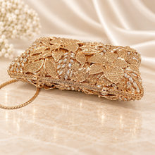 Load image into Gallery viewer, Luxury Swarovski Crystal Floral Clutch Bag – Gold, Champagne or Silver
