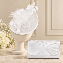Load image into Gallery viewer, White Teardrop Fascinator &amp; Satin Clutch Bag Set – Handmade Bridal Hatinator
