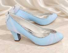 Load image into Gallery viewer, Cinderella Inspired Bridal Shoes | Something Blue Satin Block Heels
