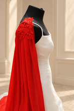 Load image into Gallery viewer, Red Chiffon Bridal Cape with Lace Details on Shoulders - 200cm
