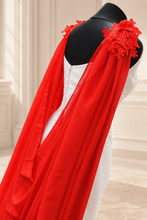 Load image into Gallery viewer, Red Chiffon Bridal Cape with Lace Details on Shoulders - 200cm
