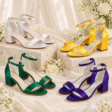Load image into Gallery viewer, Satin Bridesmaid Sandals – Low Block Heel Wedding Shoes in Custom Colours
