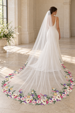 Load image into Gallery viewer, Colourful Wildflower Embroidered Edge Wedding Veil – White or Ivory, 200–300cm
