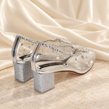 Load image into Gallery viewer, Cinderella Inspired Wedding Shoes | Crystal Hearts &amp; Low Clear Block Heels
