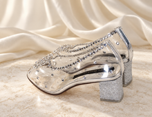 Load image into Gallery viewer, Cinderella Inspired Wedding Shoes | Crystal Hearts &amp; Low Clear Block Heels
