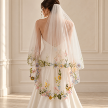 Load image into Gallery viewer, Pastel Floral Embroidered Edge Bridal Veil | 2 Tier
