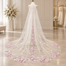 Load image into Gallery viewer, Pink &amp; Lilac 3D Floral Cathedral Wedding Veil
