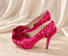 Load image into Gallery viewer, Aurora Inspired Bridal Heels | Hot Pink Satin Wedding Shoes
