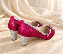 Load image into Gallery viewer, Aurora Inspired Bridal Block Heels | Pink Glitter &amp; Ribbon Roses
