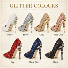 Load image into Gallery viewer, Glitter Bridal Heels with Metal Leaf Filigree – Custom Colours
