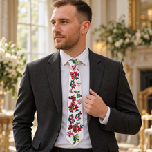 Load image into Gallery viewer, Wildflower Wedding Tie – White Satin Necktie with Colourful Floral Embroidery
