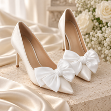 Load image into Gallery viewer, White Satin Bridal Shoe Bow Clips – Detachable Wedding Shoe Bows
