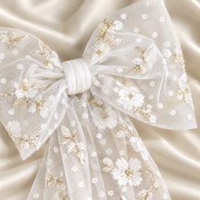 Load image into Gallery viewer, White and Gold Embroidered Tulle Bridal Hair Bow | Wedding Veil Alternative
