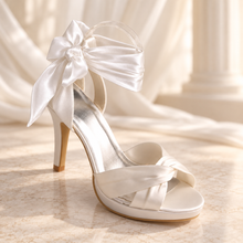 Load image into Gallery viewer, Ivory Satin Bridal Sandals with Leg Wrap Ties | 10cm Wedding Heels
