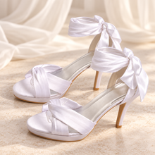 Load image into Gallery viewer, Ivory Satin Bridal Sandals with Leg Wrap Ties | 10cm Wedding Heels
