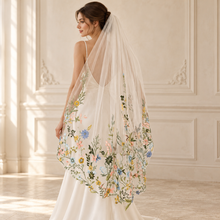 Load image into Gallery viewer, Handmade Embroidered Floral Wedding Veil with Silver Comb | 75cm. - 400cm

