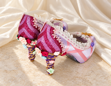 Load image into Gallery viewer, Rapunzel Inspired Bridal Heels | Lilac Satin, Lace &amp; Ribbon Flowers
