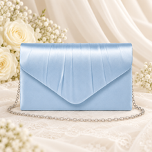Load image into Gallery viewer, Light Blue Satin Bridal Clutch Bag – Something Blue Wedding Evening Purse with Chain

