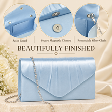 Load image into Gallery viewer, Light Blue Satin Bridal Clutch Bag – Something Blue Wedding Evening Purse with Chain
