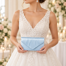 Load image into Gallery viewer, Light Blue Satin Bridal Clutch Bag – Something Blue Wedding Evening Purse with Chain
