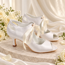 Load image into Gallery viewer, Vintage Satin Bridal Shoes – Peep Toe Ribbon Tie Wedding Booties in Custom Colours
