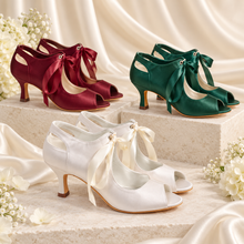 Load image into Gallery viewer, Vintage Satin Bridal Shoes – Peep Toe Ribbon Tie Wedding Booties in Custom Colours
