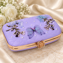Load image into Gallery viewer, Evie Lilac Lace Bridal Clutch Bag with Crystals &amp; Butterflies
