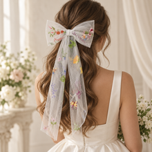 Load image into Gallery viewer, Botanical Tulle Bridal Bow |Custom Colour Bridal Veil Bow with Flowers
