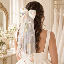 Load image into Gallery viewer, Botanical Tulle Bridal Bow |Custom Colour Bridal Veil Bow with Flowers
