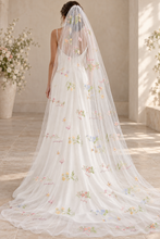 Load image into Gallery viewer, Blue Meadow Embroidered Wedding Veil – Colourful Floral Bridal Veil
