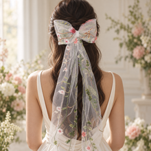 Load image into Gallery viewer, Meadow Flower Embroidered Tulle Bridal Hair Bow | Botanical Veil Bow
