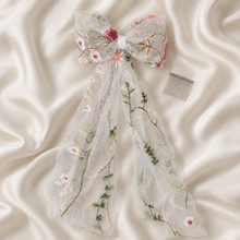 Load image into Gallery viewer, Meadow Flower Embroidered Tulle Bridal Hair Bow | Botanical Veil Bow

