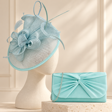 Load image into Gallery viewer, Mint Green Fascinator and Satin Clutch Bag Set | Wedding Guest Accessories
